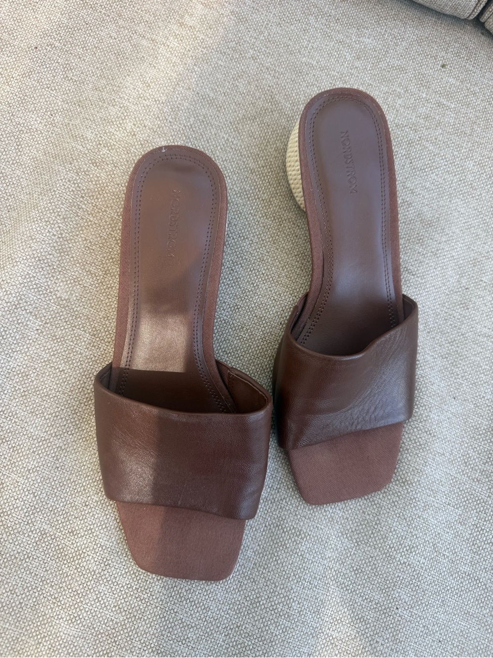 Nordstrom Brown Leather Raffia-Wrapped Wedge Slide Mules